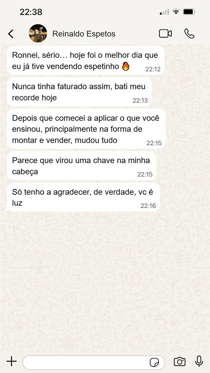 Print de WhatsApp: aluno bateu recorde de faturamento vendendo espetinho